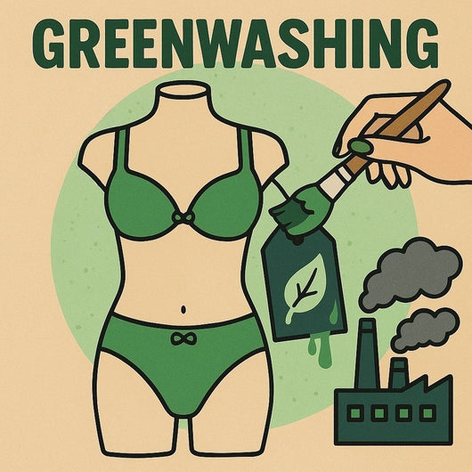Illustration of a green bikini with a factory and hand applying green paint, labeled 'Greenwashing'.